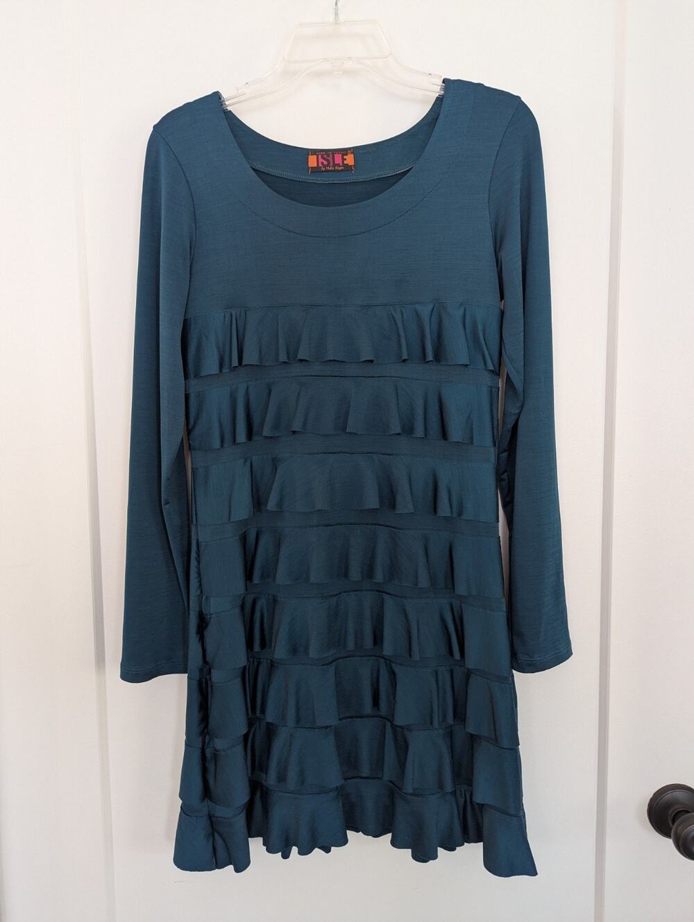 Isle By Melis Kozan Small LS Teal Green Short Dress Y2K Ruffles Party Cocktail